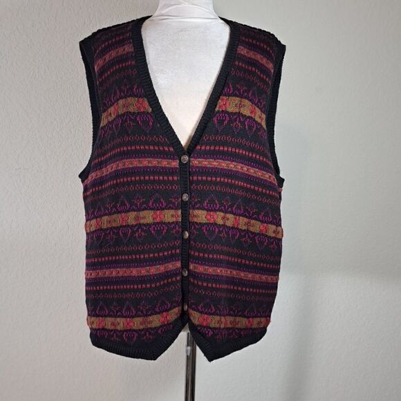 Karen Scott Women’s Sweater Vest Plus Size 2X Red Black Striped Fisherman Preppy - Picture 1 of 13